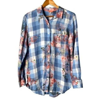 Camisa Joules Jeanne Estampado Azul Guinga Floral Lino Abotonada Clásica Mujer Talla 8 Foto 1 de 4