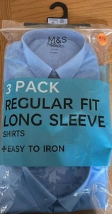 M&S School Boys - 3 Pk Blue Easy Iron Long Sleeve Shirts, Age 12-13 *Brand New* - Picture 1 of 12