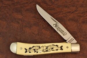 SCHRADE MADE IN USA SCRIMSHAW LARGE MOUTH BASS LINER TRAPPER KNIFE SC503 (14804)