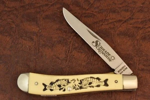 SCHRADE MADE IN USA SCRIMSHAW LARGE MOUTH BASS LINER TRAPPER KNIFE SC503 (14804) - Picture 1 of 3