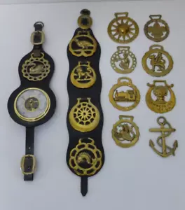 More details for collection of horse brasses and barometer with leather martindales