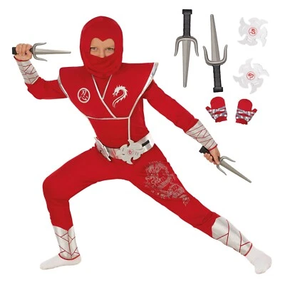 Disfraz de Ninja Rojo y Plateado para Niños + Juguetes Niños Niñas Traje de Guerrero Samurai Halloween Foto 1 de 4