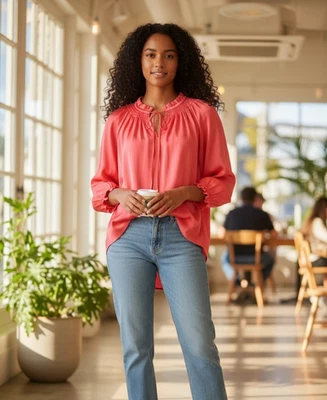 Blusa Pullover Top Elie Tahari Manga 3/4 Cuello en V Corbata Frontal Talla XSmall Foto 1 de 4