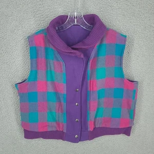 Vtg Woolrich 80s Vest Womens Xl Buffalo Plaid Cobalt Blue Reversible Wool Snap - Picture 1 of 13