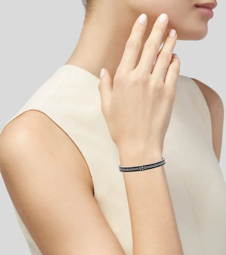 Brazalete Brazalete Tory Burch Plata y Negro Esmalte Pavé Bisagras Nuevo Foto 1 de 4