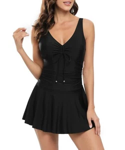 Women's V Neck One Piece Skirt Swimsuit Tummy Control Swimdress Bathing Suit ... - Picture 1 of 6