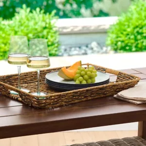 Beige and Black Resin Rattan Rectangular Serving Tray - Picture 1 of 6