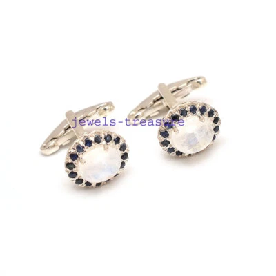 Gemelos naturales de plata de ley 925 con piedras preciosas de luna y zafiro #55 Foto 1 de 3