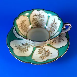 Noritake China Green and Pale Yellow with Gold Design Teacup and Saucer Set - Picture 1 of 4