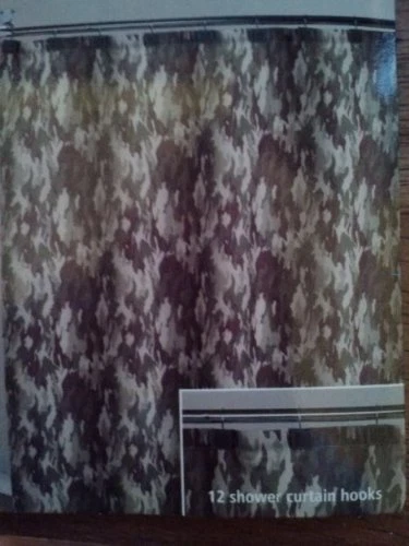  RARA CORTINA DE DUCHA CAMUFLAJE MARRÓN VERDE TOSTADO CAQUI Y (12) GANCHOS A JUEGO Foto 1 de 1