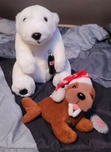 Vintage Coca Cola Plush Polar Bear & Walrus w/snowflake Night Cap Collection - Picture 1 of 12