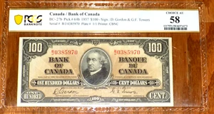1937 $100 BANK OF CANADA GORDON/TOWERS PAPER MONEY NOTE PCGS AU58 P-64B BC-27b - Picture 1 of 4