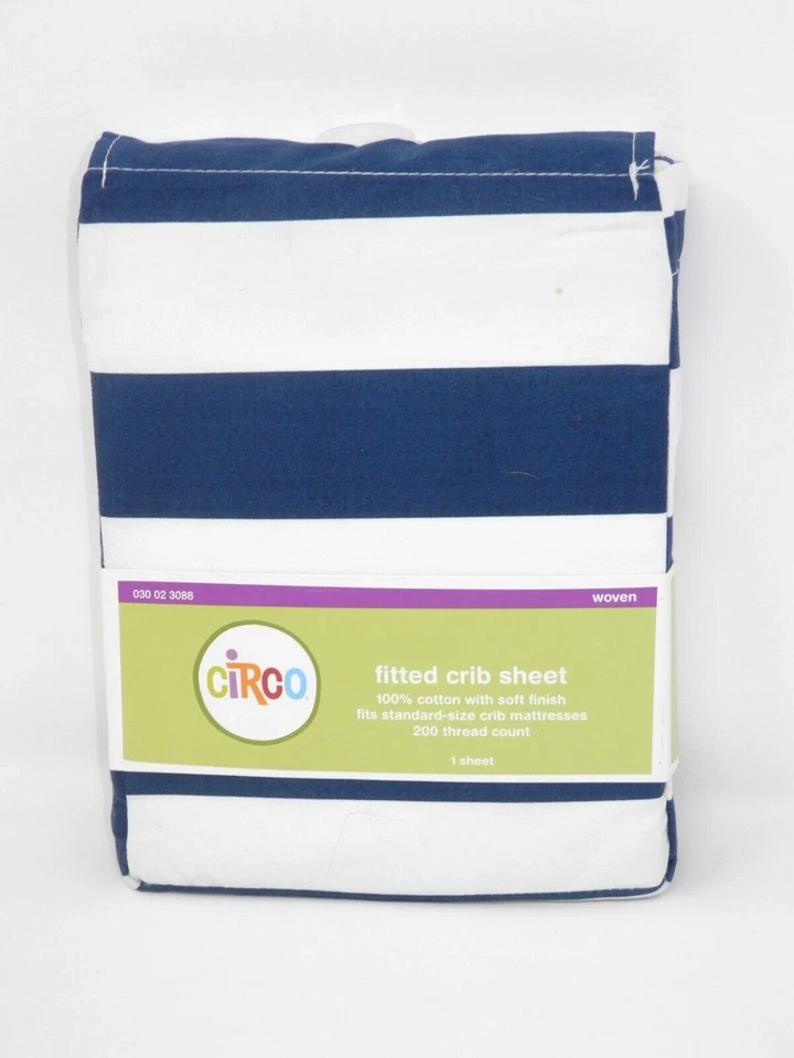 Sábana Cuna Ajustable Circo • Algodón Azul Marino y Blanco Rayas 28x52" Cama Bebé NUEVA Foto 1 de 4