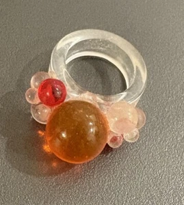 Lucite Ring Balls Orange Red Clear Shank Size 5 1960s Retro Fun Party Unique - Picture 1 of 13