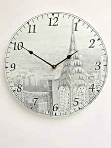 Wall Clock 30cm Glass Black & White Chrysler Building Quartz Arabic Dial W9864 - Picture 1 of 3
