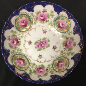 Bowl Ceramic Porcelain white with dark blue & gold trim pink flowers 8 3/4" Diam - Picture 1 of 6