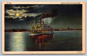 PADDLE BOAT ON THE OHIO RIVER POSTCARD NIGHT SCENE LINEN VIEW c1937 - Picture 1 of 2