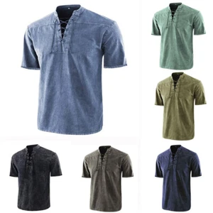 Mens V T Shirt Casual Plain Muscle Short Sleeve Blouse Neck Summer Lace up - Picture 1 of 19