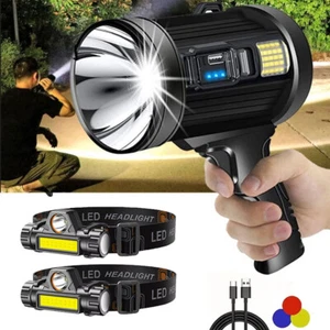 USB Super Bright Rechargeable Spotlight Flashlight 100000LM Searchlight/Headlamp - Picture 1 of 34