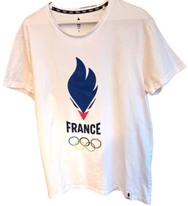 Authentisches Frankreich Olympische Spiele T-Shirt weiß mit blauer Fackel & 5 Ringen Herren Größe L - Bild 1 von 5