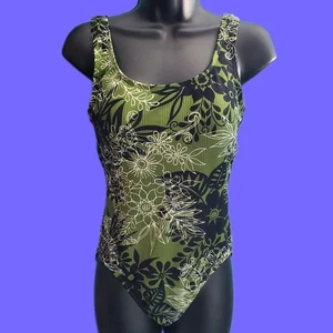 VINTAGE 90er CATALINA Badeanzug Einteiler olivgrün Blumen Badeanzug Large - Bild 1 von 5