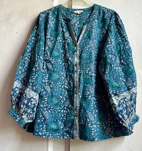 ✩Lovely *EAST* Blue Gold Floral Hand Block Cotton Print Button Tunic Top L Plus✩ - Picture 1 of 9