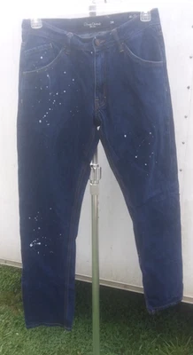 Play Cloths Mens 34 x 32 The Six Classic Paint Splatter Distressed Blue Jeans~1A - Image 1 of 4