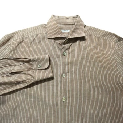 Kiton Button Up Shirt Mens 17.5/44 Orange & White Stripes Cotton Linen Italy EUC - Imagem 1 de 4