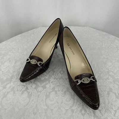 Vintage Anne Klein Pointed Toe Crocodile Skin Brown Kitten Heels Pumps - Image 1 of 4