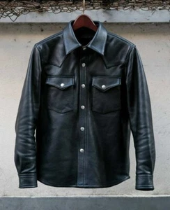 Men Black Leather Jacket Biker Motorcycle Genuine Lambskin Shirt Type Snap Butto - Picture 1 of 4