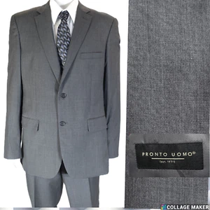 PRONTO UOMO ~ COME NUOVO!!~TUTA MED GRIGIO MISTO LANA HOPSACK 44L PANTALONE PIATTO DAVANTI 38X33 - Foto 1 di 18