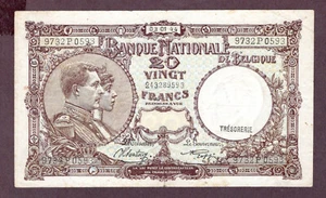 BELGIEN 20 FRANCS Banknote 1944 Zustand III VF BB S/N 9732P0593 WPM 111 - Bild 1 von 2