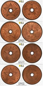 CONGO FREE STATE , 1 , 2 , 5 & 10 CENTIMES 1888 - PCGS MS 64 RB ( ST1C ) , RARE - Picture 1 of 5