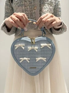 Samantha Vega Heart shaped Tweed Light Blue Ribbon Hand Bag Shoulder NEW Gift - Picture 1 of 15