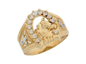 10k or 14k Two Tone Gold White CZ Lucky Horseshoe Mens Ring - Picture 1 of 4