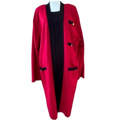 复古 Neiman Marcus 黑色紧身羊毛混纺毛衣连衣裙红色开衫 2X — 第 1/4 张图片