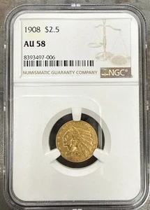 1908 P $2.5 Indian Quarter Eagle Gold AU58 - Picture 1 of 4