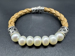 925 Sterling Silber Kunstleder geflochtene Kordel echte Perlen Armband 6,5" - Bild 1 von 10