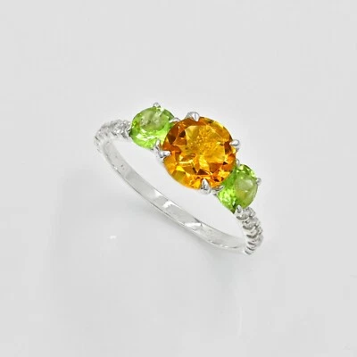 Natural Citrine & Peridot Gemstone 925 Sterling Silver Three Stone Bridal Ring - Image 1 of 4