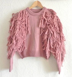 Unique Pullover Sweater Cropped Fringe Long Sleeve Rustic Pink Size S - Picture 1 of 8