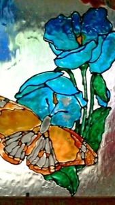 Art Texture Glass Butterfly/Flowers 9.5" x 11.5" Framed Ripple Glass Blue Brown - Picture 1 of 6