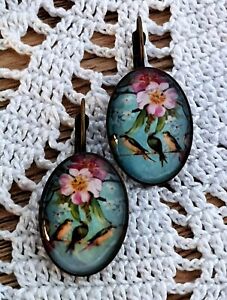 Birds and Flowers Print Glass Cabochon Earrings Antique Bronze