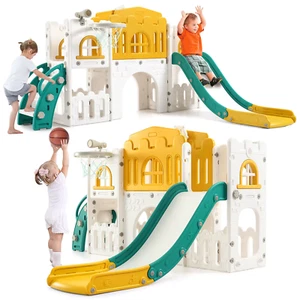 8-in-1 Toddler Slide Indoor Outdoor Playset w/ Tunnel Hoop Kids 1-3Y STEM Green - Picture 1 of 8