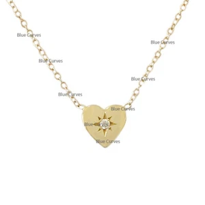 Dije único solitario con corazón de diamantes en joyería de collar de oro amarillo macizo de 14 k - Imagen 1 de 3