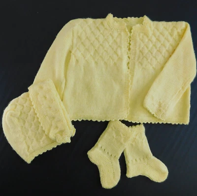 Vintage Sweater 3 Piece Set Baby Knit Yellow Acrylic Handmade Booties Cardi Hat - Image 1 of 4