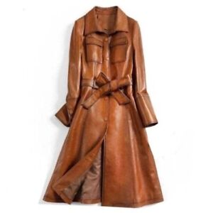 Italian Style Overcoat Real Leather Trench Coat, Sashes Belt Wax Tan Long Leathe