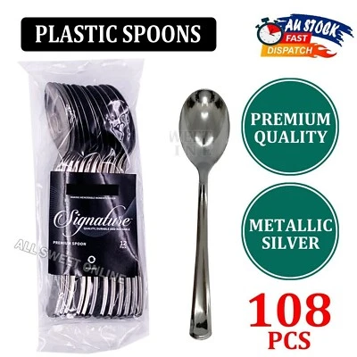 108pcs Reusable Plastic Spoon Metallic Silver Partyware Cutlery Party Catering - image 1 of 4