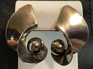 Large Vintage DULCE Sterling Silver Modernist Clip On Earrings Mexico - Picture 1 of 19