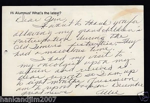 Allie Reynolds hand written Postcard to Yankees Alumni Association 1985 Grandkid - Picture 1 of 3