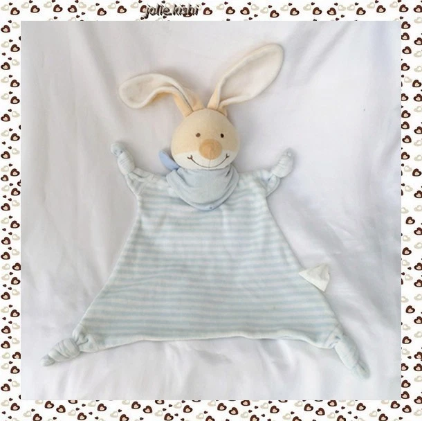 Doudou Peluche Plat Lapin Beige Blanc Rayures Bleu Bandana Noeuds Kimbaloo - Photo 1/1